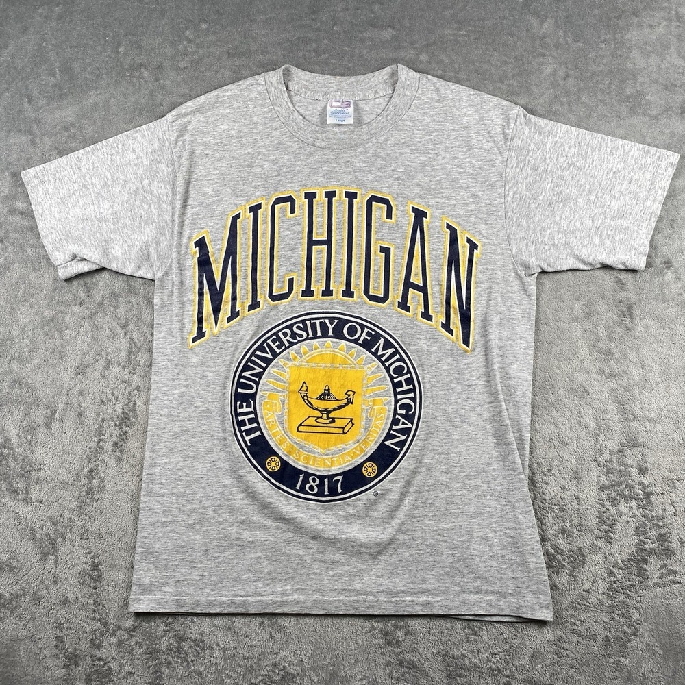 Vintage University of Michigan T Shirt Mens Sz L Grey Crest U Of M USA Made Tee